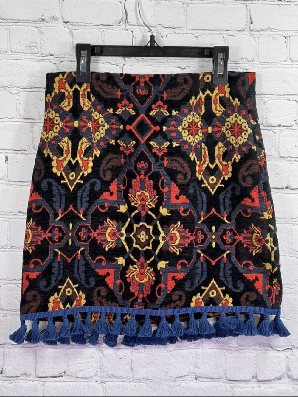 Zara tapestry Morrocan carpet bag motif A line fringe hem womens sz S